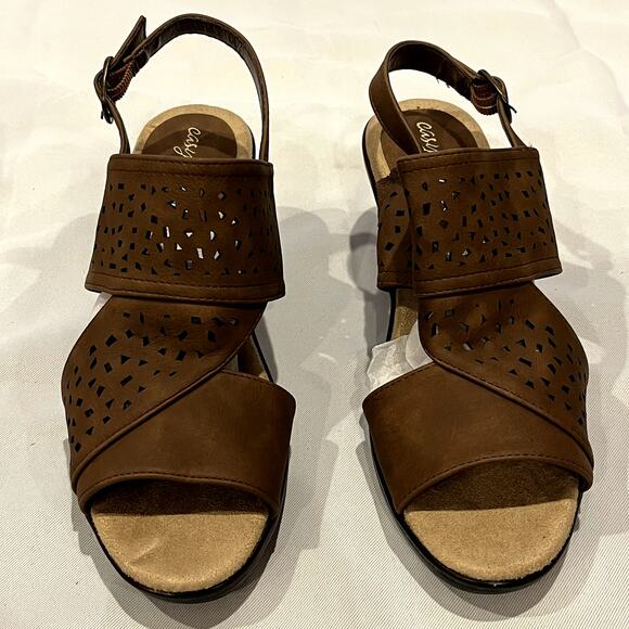 Easy Street Perforated Block Heeled Sandals Charleigh Dark Tan 7M - Picture 6 of 9